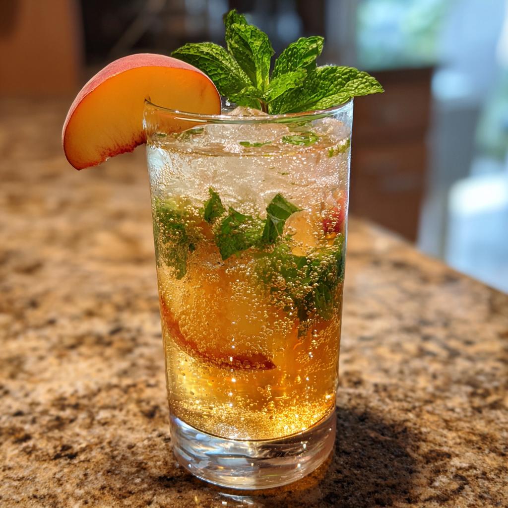 Glass of peach mint lemonade with ice, fresh mint leaves, and peach slice garnish.