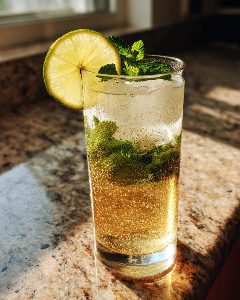 Glass of summer mocktails with lime slice, mint leaves, and bubbles on a granite countertop.