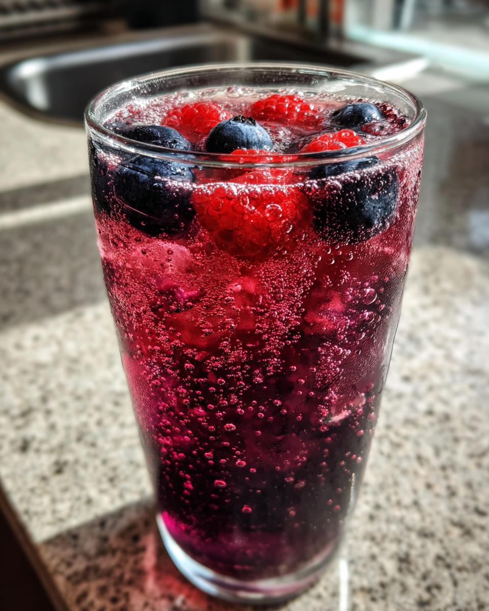Glass filled with sparkling triple berry soda with blueberries and raspberries