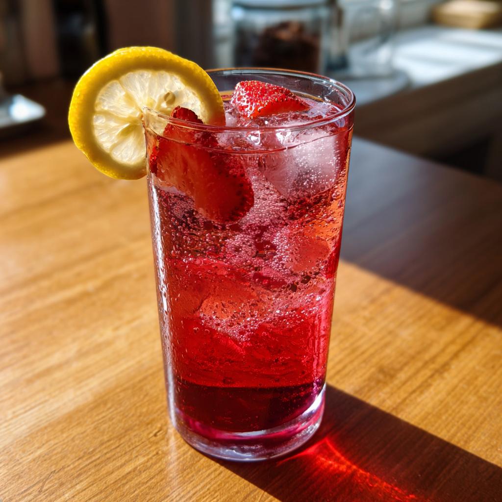 Glass of strawberry hibiscus lemonade with ice, strawberry slices, and lemon wedge on rim.
