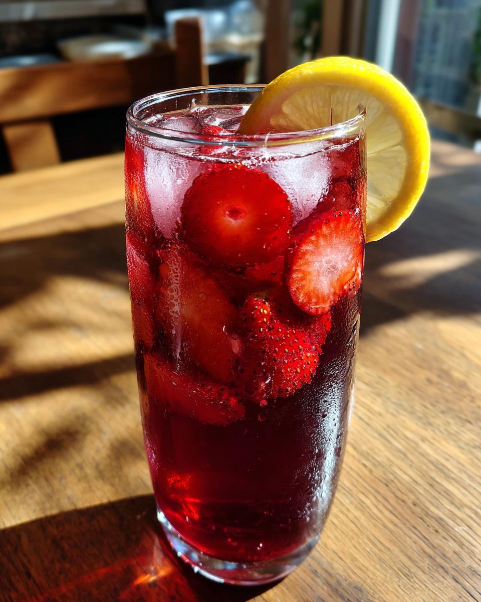 Glass of strawberry hibiscus lemonade with ice, sliced strawberries, and lemon wedge on rim.