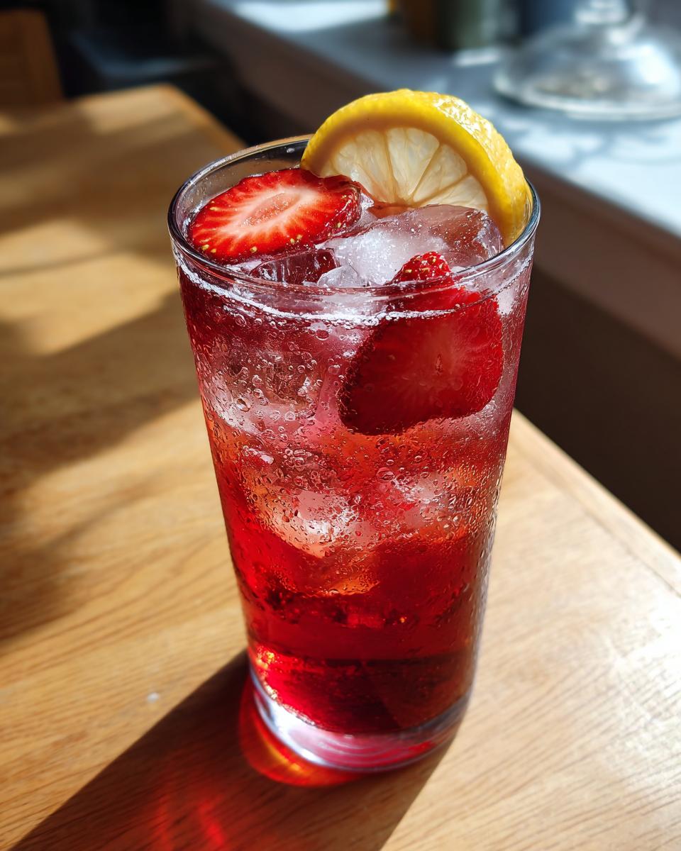Glass of strawberry hibiscus lemonade with ice, fresh strawberry slices, and lemon wedge