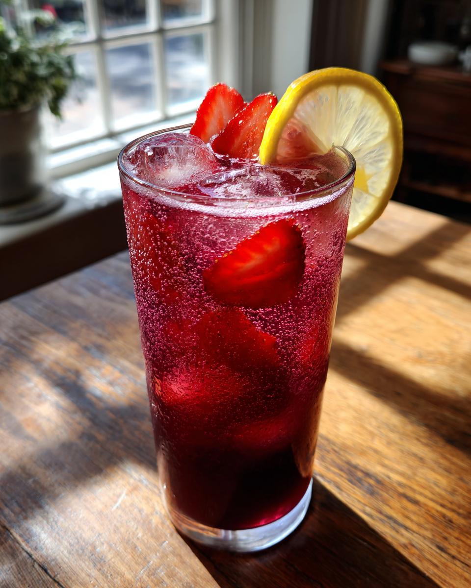 Glass of strawberry hibiscus lemonade with ice, strawberry slices, and lemon wedge on rim.