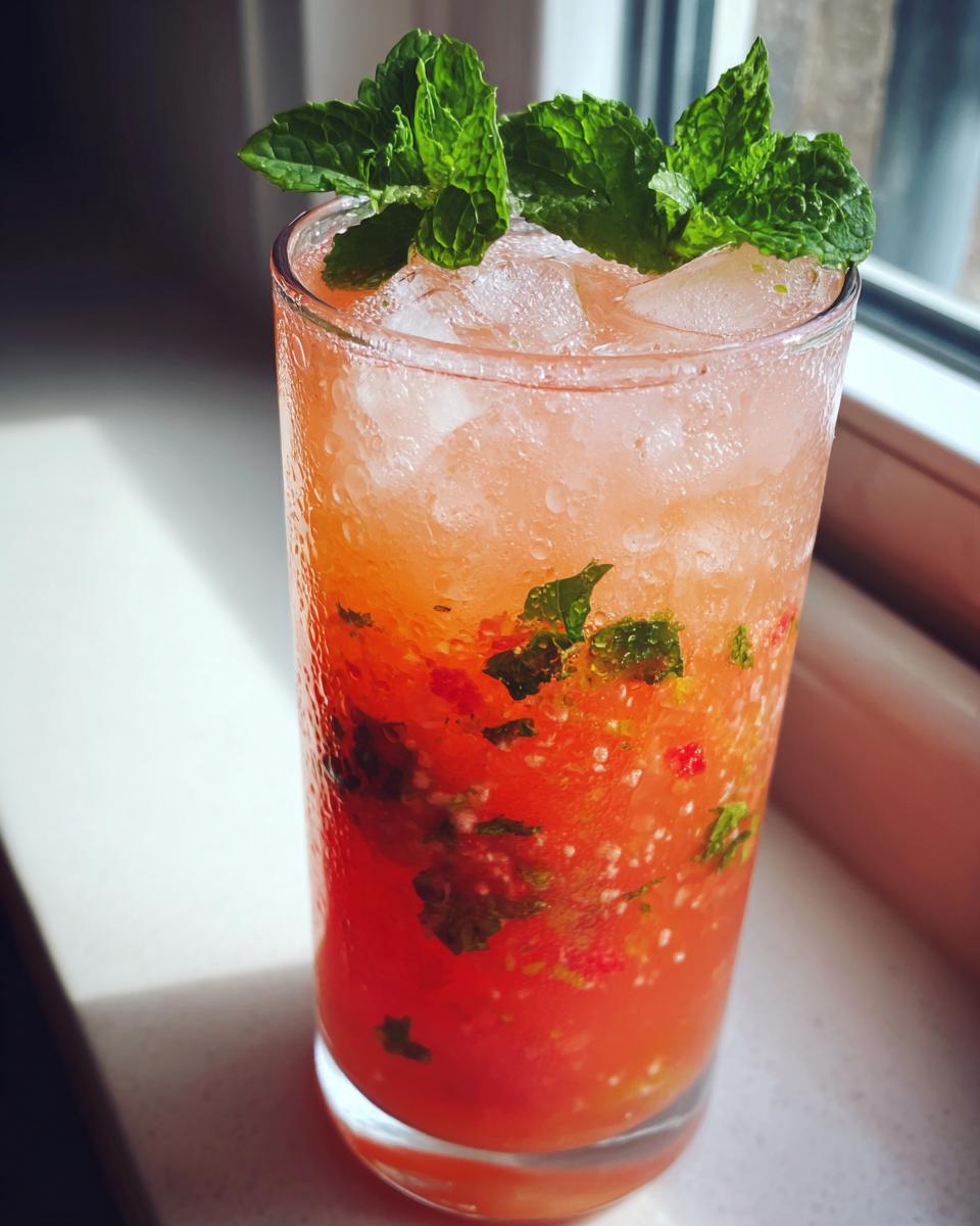 Glass of strawberry mango lemonade with crushed ice and fresh mint leaves on top.