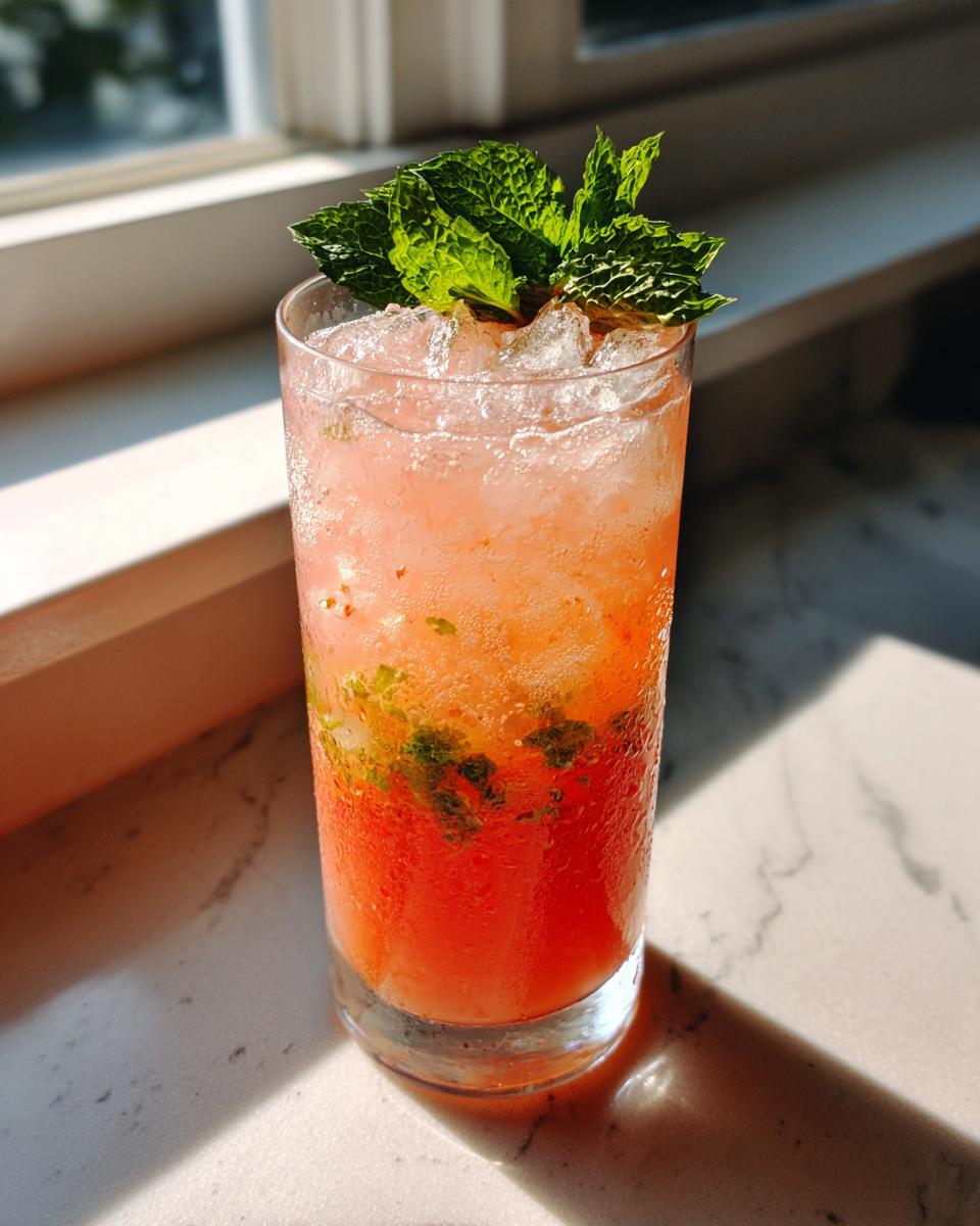 Glass of strawberry mango lemonade with crushed ice and fresh mint leaves on top.